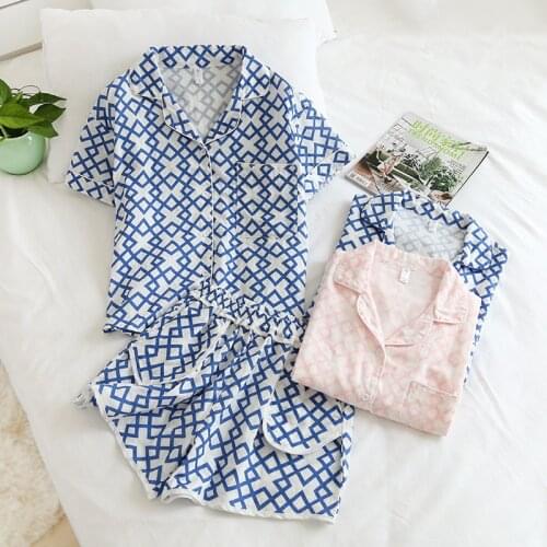 Cotton Auspicious Grid Couple Pajamas Shorts Set Lapel Short-sleeved Shorts Women Sleeping Cotton Summer Thin Men Pajama Set