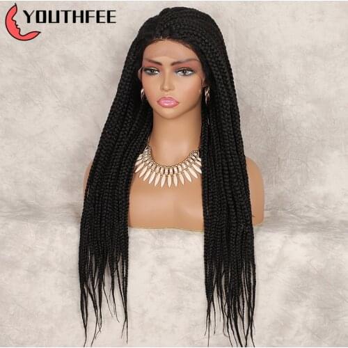 Youthfee Braided Wig Synthetic Lace Wigs African Side Part Big Box Braid Wig With Baby Hair for Black Women Lace Front Wig