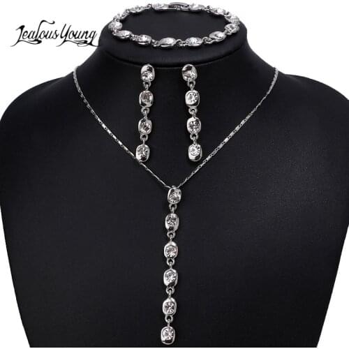 Luxury Fashion Zirconia Earrings Bracelet and Long Necklace Jewelry Sets for Women Vintage Indian Wedding Jewellery Set Gift Set