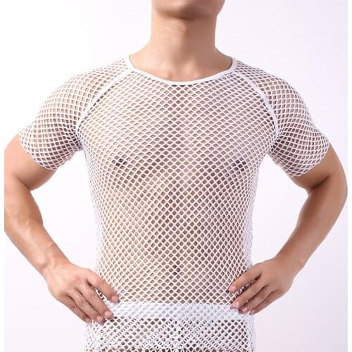 Sexy Men Undershirts Sleepwear Shorts Sleeve Mesh Transparent T-shirts Fishnet Slip Homme Shirts Tee Sports Causal Tops Camiseta