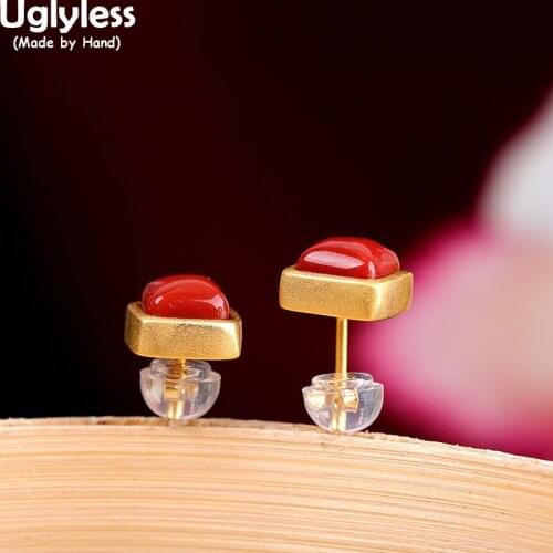 Uglyless 8MM Sugar Cube Studs Earrings for Women Nature Agate Jade Gemstones Earrings Gold Real 925 Silver Brincos Fashion Jewel