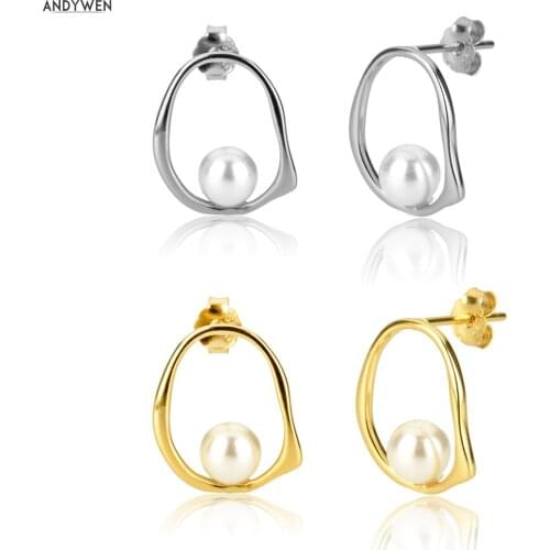 ANDYWEN 925 Sterling Silver Gold Ovals Circle Stud Earring Pearl Piercing Pendiente Luxury Women Crystal Jewelry For Rock Punk