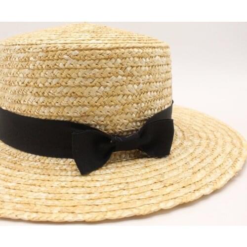 Sun Hat Women Natural Wheat Straw Hat Ribbon Tie-Brim Boater Hat Derby Beach Cap Lady