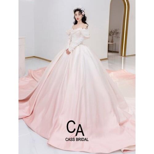 Pink shade wedding dress off the shoulder full sleeves handmade flowers pearls beading bridal dress corset lace up back 2021