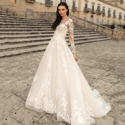 Vintage Glitter Tulle Wedding Dresses Lace Applique Long Sleeves Scoop Neck A Line Bridal Gowns Lace-up Backless Elegant Ivory