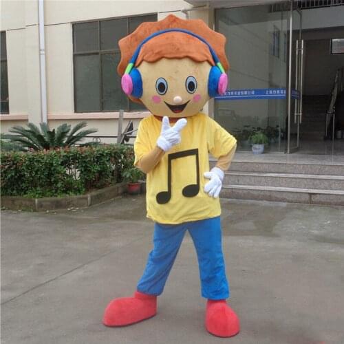 Yellow Dress Boy Mascot Costume Music Boy with Headphones Mascot Costumes for Adult Size for Carnival Halloween Party Events