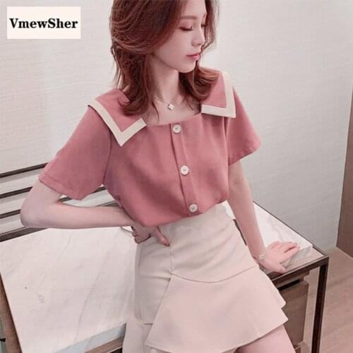 VmewSher New Summer Women Blouse Square V Neck Both Side Wear Female Short Sleeve Color Block Single Breasted Chiffon Shirt Tops