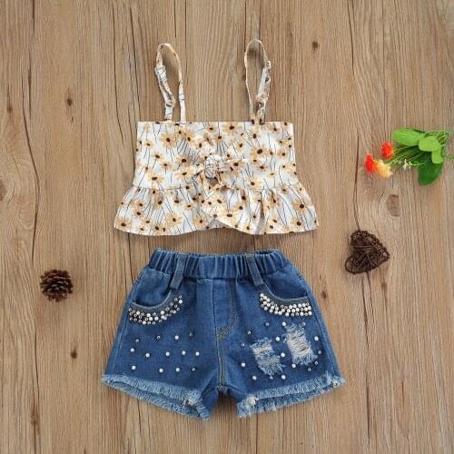1-6 Years Girls Clothes Set Floral Ruffle Sleeveless Vest Knotted Crop Tops + Pearl Ripped Denim Shorts Kids Summer Clothing