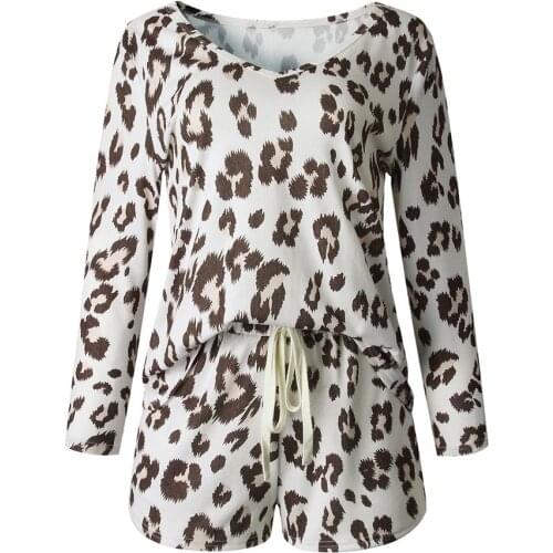 Women Leopard Print Sleepwear Set Pajamas Blouse Top Drawstring Pockets Shorts Pijamas Femmes Seamless Underwear Nightwear