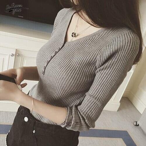 Autumn and winter v-neck pullover sweater women new long-sleeved slim knit sweater button inner base shirt all-match top 16352