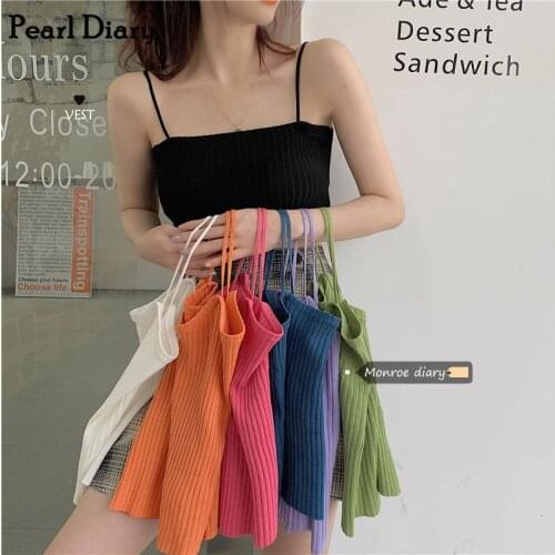 Pearl Diary Female Rib Knitted Camisole Stretchable Knit Crop Cami Top Ribbed Short Top Going Out Spaghetti Strap Rib Croppd Top
