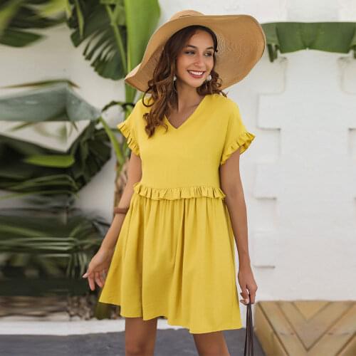 Spring Summer Short Solid Dress Women 2021 New V Neck Edible Tree Fungus Loose Mini Dresses For Women Casual Yellow