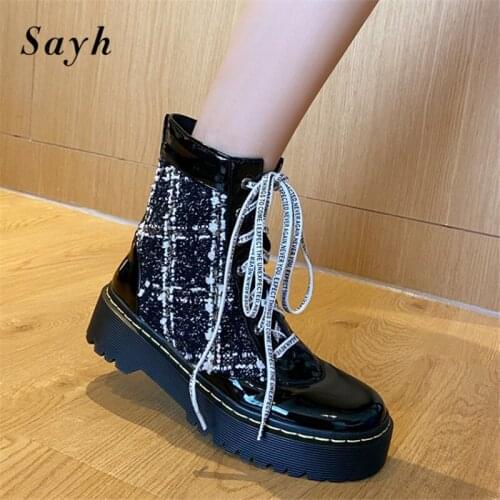 2020 Winter Women Warm Ankle Boots Lace Up Platform Patent Leather Martin Boots Casual Shoes