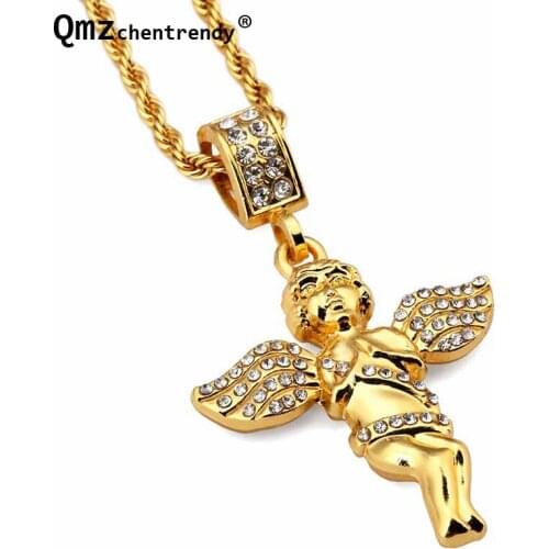 Rock high quality Hip hop Bling Crystal Small Wings Angel Pendants Gold Rope Necklace Jewelry for men women Accessories