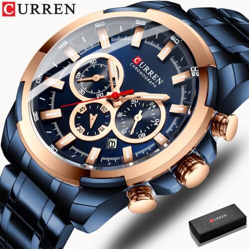 Mens Watches CURREN Luxury Sport Wrist Watch Unique Design Stainless Steel Auto Date Chronograph Men Fashion Casual Quartz Watch