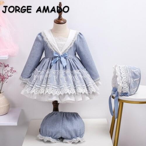 2021 Lolita Style New Autumn Kids Girls Party Dresses Blue Peter Pan Collar Lace Bow Princess Dress Children Clothes E6033