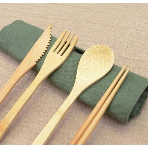 Travel Utensils To-Go Reusable Bamboo Cutlery Set Wood Flatware Travel Set Bamboo Charcoal Knife Fork Spoon Straw with Cloth Bag