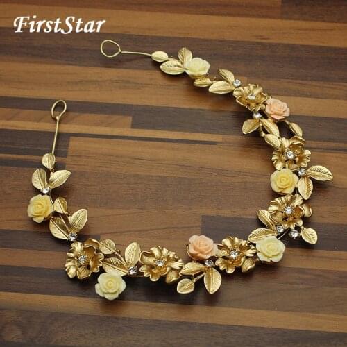 FirstStar Elegant Gold Leaf Wedding Headpiece Flower Long Crystal Bride Hair Band Bridal Headdress For Women Accessories Jewelry