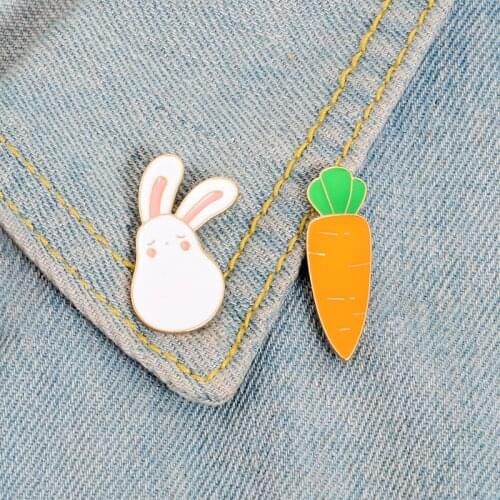 Rabbit and Carrot Enamel pin Cute Bunny Animal Brooch Lapel pin Denim Jeans shirt bag Cartoon Cute Hare Jewelry Gift for Kids