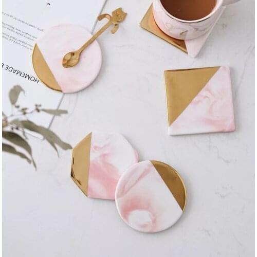 European Style Marble Stripes Ceramic Coaster Round Square Hexagon Porcelain Desktop Non-slip Mug Cup Mat Pad Gilt Luxury Decor