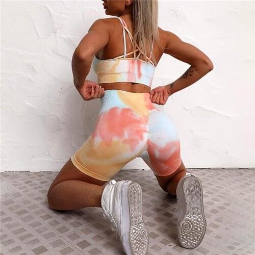 Conjunto de yoga sem costura feminina tie dye feminino dois 2pcs peça top colheita sutiã shorts sportwear workout outfit fitness