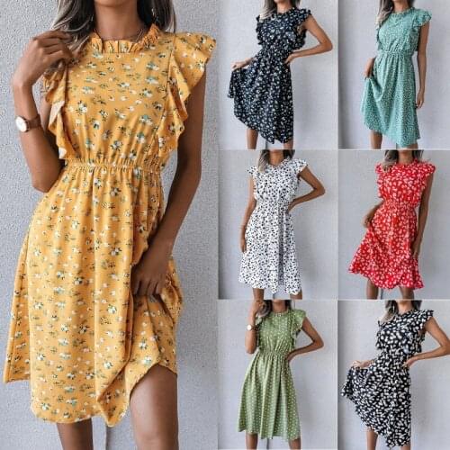 Summer Floral Ruffled Casual Fashion Womens Dress Short Sleeve Round Neck A-line Dress