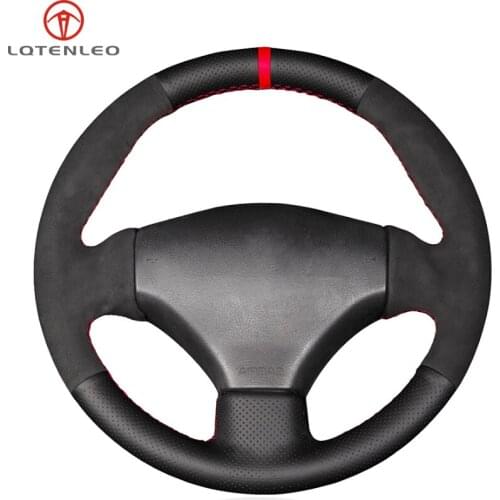LQTENLEO Black Genuine Leather Suede Car Steering Wheel Cover For Peugeot 206 1998-2005 206 SW 2003 2004 2005 206 CC 2004 2005