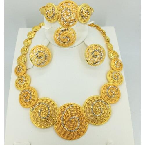 Fashion women Dubai gold-color African bead jewelry sets Bridal wedding Party shiny zircon Necklace Bangle Earring Ring