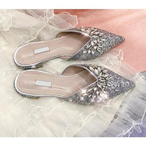 Moraima Snc Crytsal Embellished Flat Sandals Summer Pointed Toe Woman Party Dress Shoes Bling bling Glitter Fashion Slippers