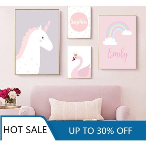 Baby Nursery Animal Wall Art Canvas Painting Posters Prints Pink Swan Unicorn Custom Name Picture Nordic Kids Room Decoration