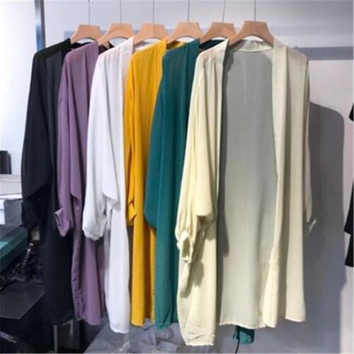 New 2020 Summer Kimono Cardigan Chifffon Casual Loose Thin Beach Kimono Cardigan Solid Long Sleeve V Neck Long Blouse Cover Up