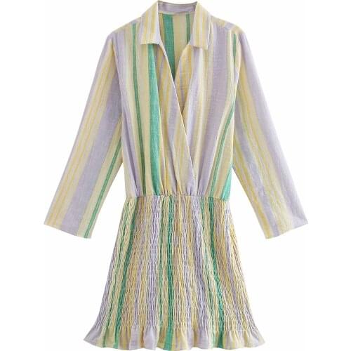 New Women Vogue Striped Pleated Mini Dress Long Sleeve V-Neck Vintage Female Dresses Woman Robe Femme