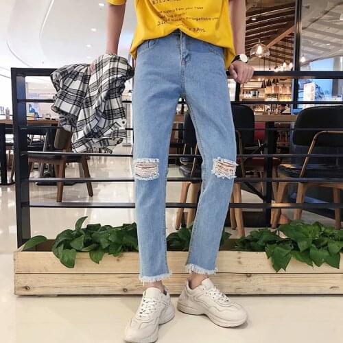 Wholesale 2020 New couple jeans mens Korean summer spring Distressed knee hole pants raw teenagers Worn out ankle length pants