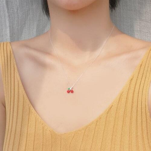 S925 sterling silver necklace with sweet red cherry cute small pendant clavicle accessories gift for female birthday gifts