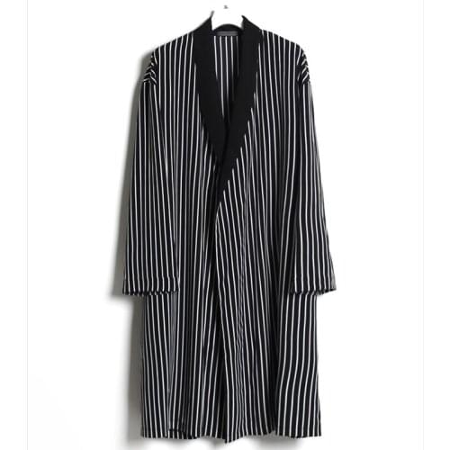 Mens coat spring autumn thin loose in the long cardigan mens leisure windbreaker stripe lapel coat British large size tide