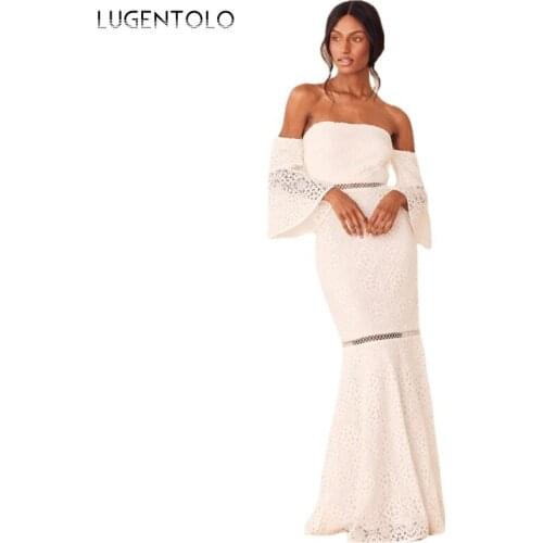 Party Dress Women Sexy Lace Slim Slash Neck Backless White Empire Dresses Female Half Sleeve Hollow Out Long Dress Lugentolo