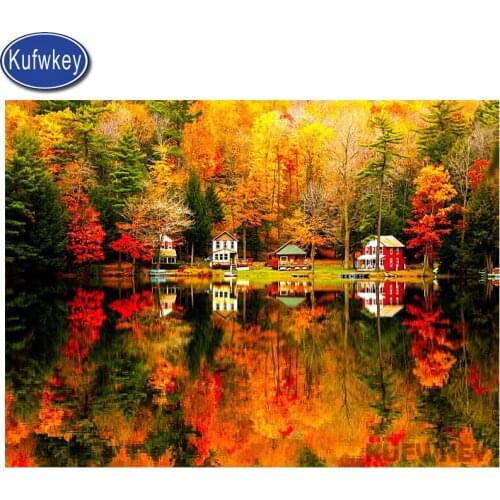 Full square 5d diamond painting autumn lake house,diamond art rhinestone embroidery sale diamond mosaic full round landscape