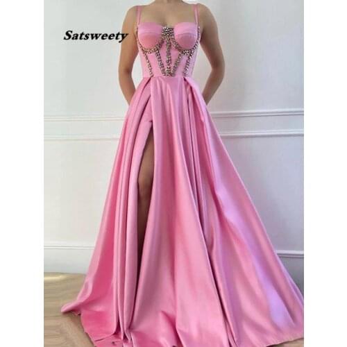 Pink Satin Beading Prom Dresses 2021 Sweetheart Spaghetti Strap Formal Evening Gowns High Slit Crystals Celebrity Dresses