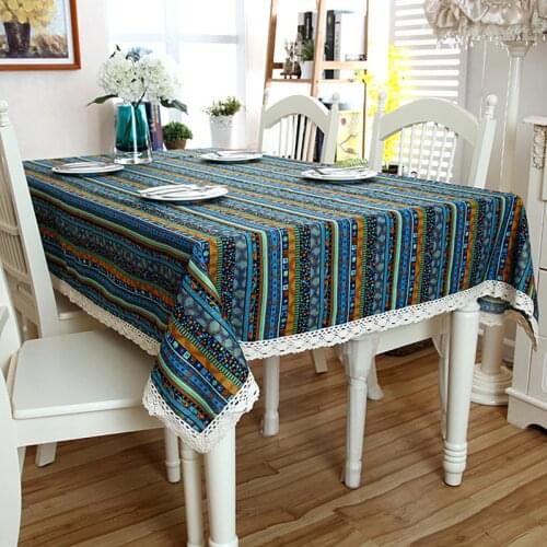 Linen Cotton Tablecloth Famous Wind Gilding Stripe White Lace Hem Splice Washable Table Cloth for Coffee Dinner Wedding Banquet