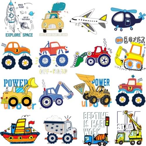 Thermal Patches For Children Boys DIY Thermo-Stickers On Clothes Iron Excavator Car Airplane Steamer Mixer Truck T Shirt Sticker