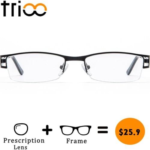 TRIOO Small Square Computer Glasses For Men Shortsighted Diopter Oculos de grau Reading Clear Lens Eyewear Male Semi-Rimless