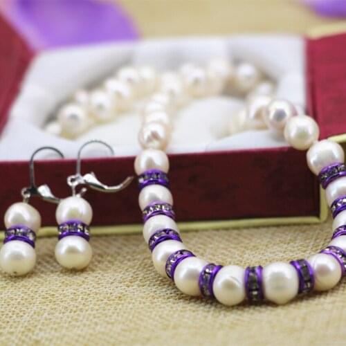 High quality 9-10mm nearround white natural pearl beads necklace earrings women purple crystal spacers jewelry set 18inch B3109