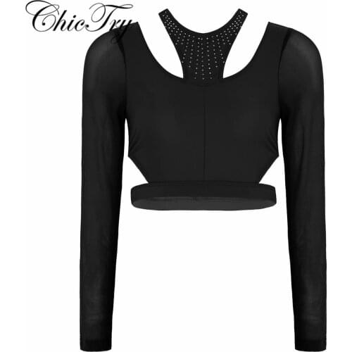 Women Ladies Shiny Rhinestones Cutout Neckline Long Sleeves Back Crossed Crop Tops for Ballet Dance Stage Performance Workout