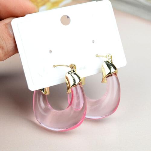 2021 New Colorful Transparent Resin Irregular Geometric U Shape Hoop Earrings Gold Color Metal Women Girls Party Travel Jewelry