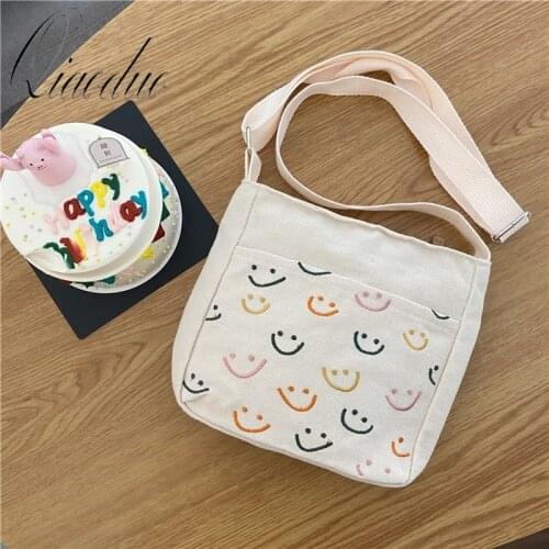 Qiaoduo Women Crossbody Bags Cute Smiling Face Ladies Shopping Shoulder Bags Sweet Girls Handbag Simple Mobile Phone Canvas Bag