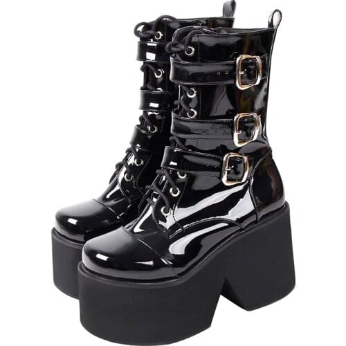 Angelic imprint Women Gothic motorcycle punk boots lady short Boots woman high trifle heels pumps shoes 33-47 10cm zipper 330