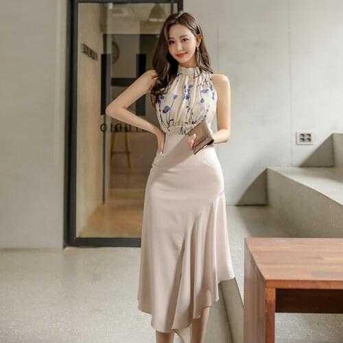 2 piece set for women Summer Sleeveless Stand Tops And long Skirt Sexy Ladiess eletant print Office Suit