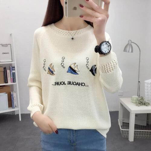 Spring And Autumn Sweater Ladies New Hollow Knit Sweater Thin Embroidered Pure Color Pullover Commuter All-Match Womens Top