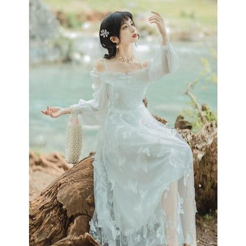 Pearl Sling Strapless Sexy White Dress Fairy Spring Autumn Trumpet Sleeve Square Collar High Waist Elegant Ladies Dress Vestidos