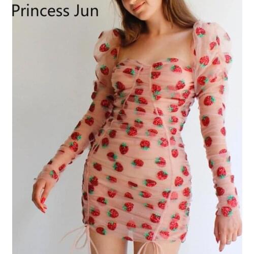 Pink Strawberry Dress Womens French Cute Square Neck Long-sleeved Mesh Short Dress Tight-fitting Wrinkled Sequins Party Dress